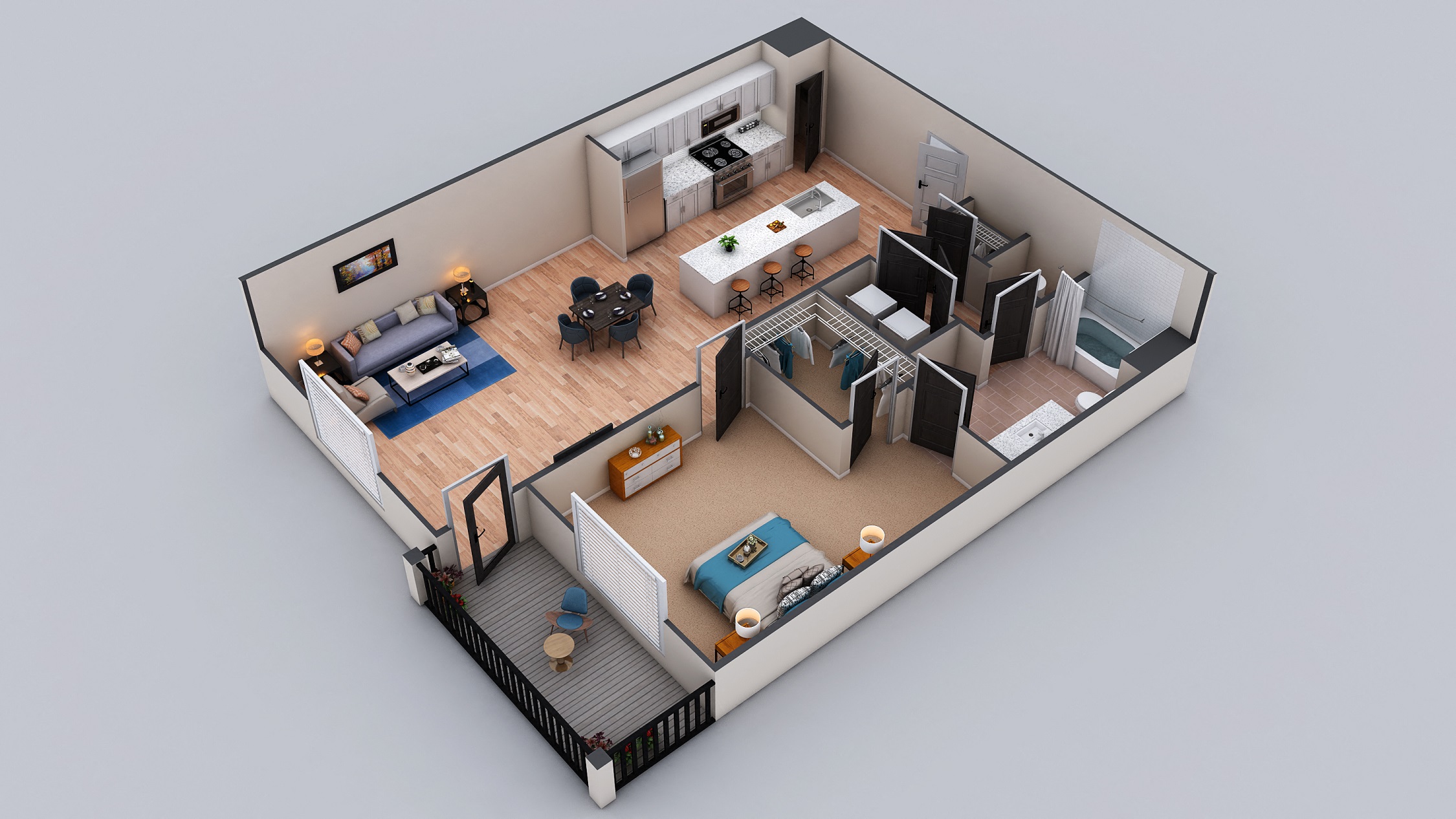 Floor plan for 1 bed, 1 bath, 965 sqft